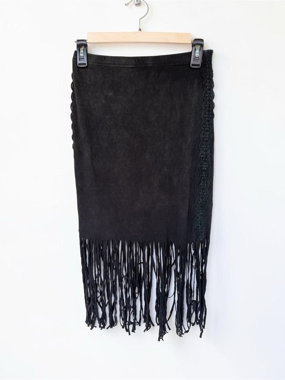 Black Fringe Acid-wash POL Pencil Skirt